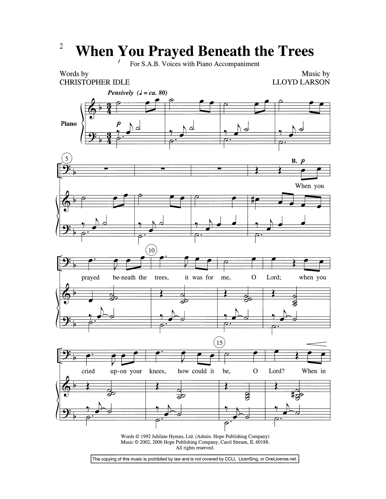 Lloyd Larson When You Prayed Beneath The Trees Sheet Music