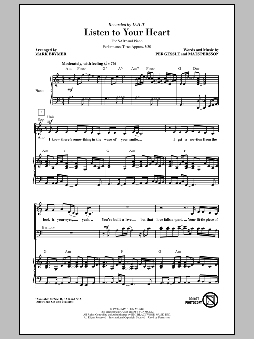 Mark Brymer Listen To Your Heart Sheet Music