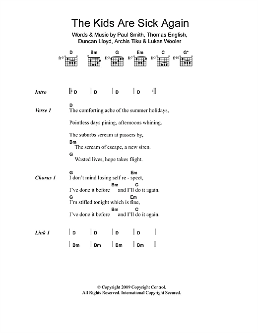 Maximo Park The Kids Are Sick Again Sheet Music