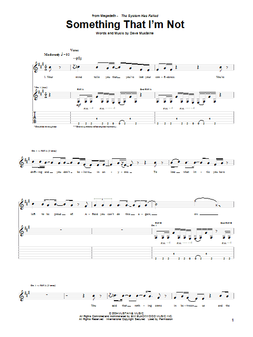 Megadeth Something I'm Not Sheet Music