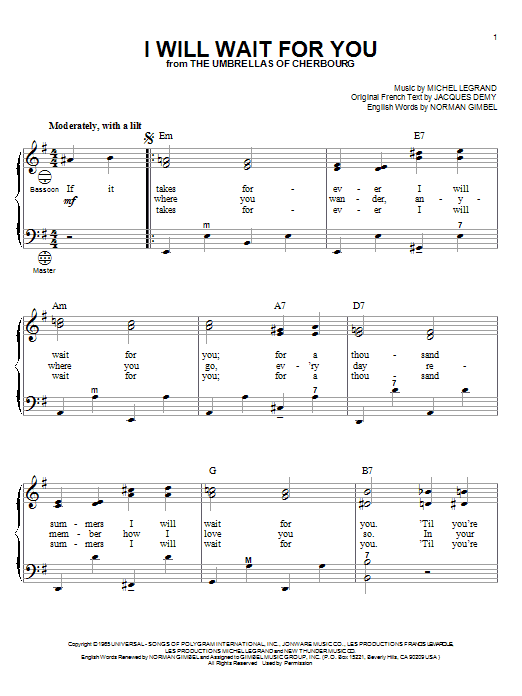 Michel LeGrand I Will Wait For You Sheet Music