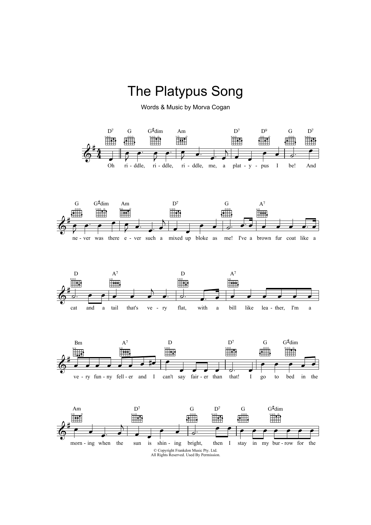 Morva Cogan The Platypus Song Sheet Music