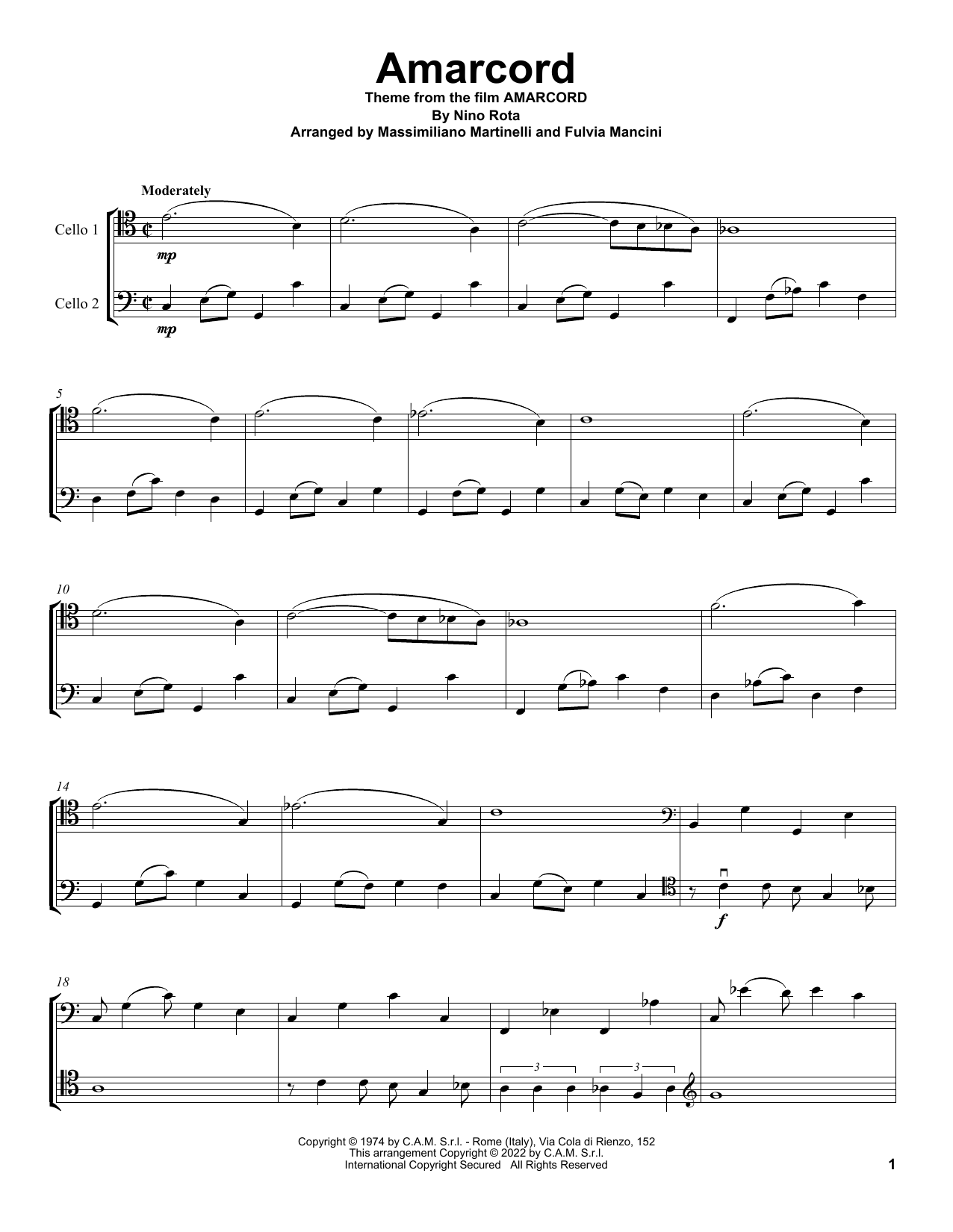 Mr & Mrs Cello Amarcord (from Amarcord) Sheet Music