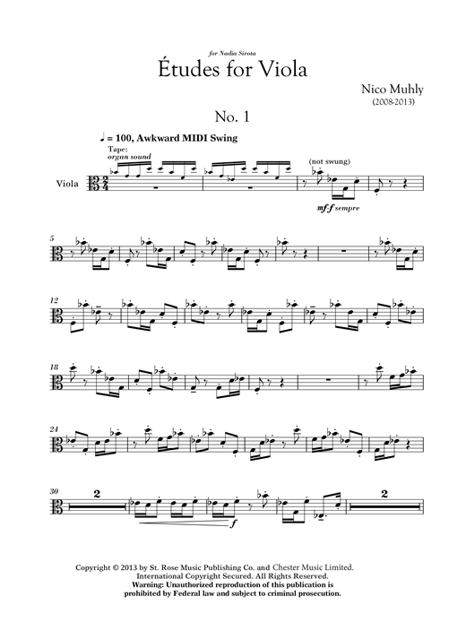Nico Muhly Three Etudes For Viola Sheet Music