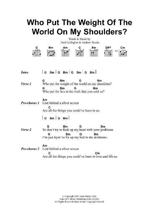 Oasis Who Put The Weight Of The World On My Shoulders? Sheet Music