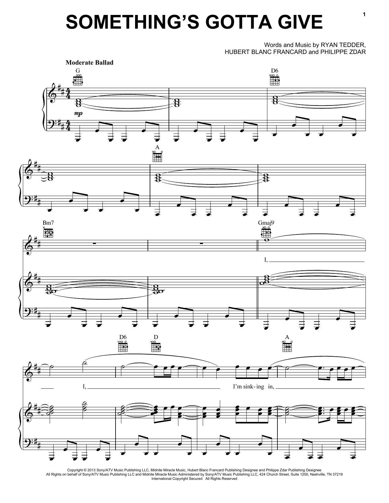 OneRepublic Something's Gotta Give Sheet Music