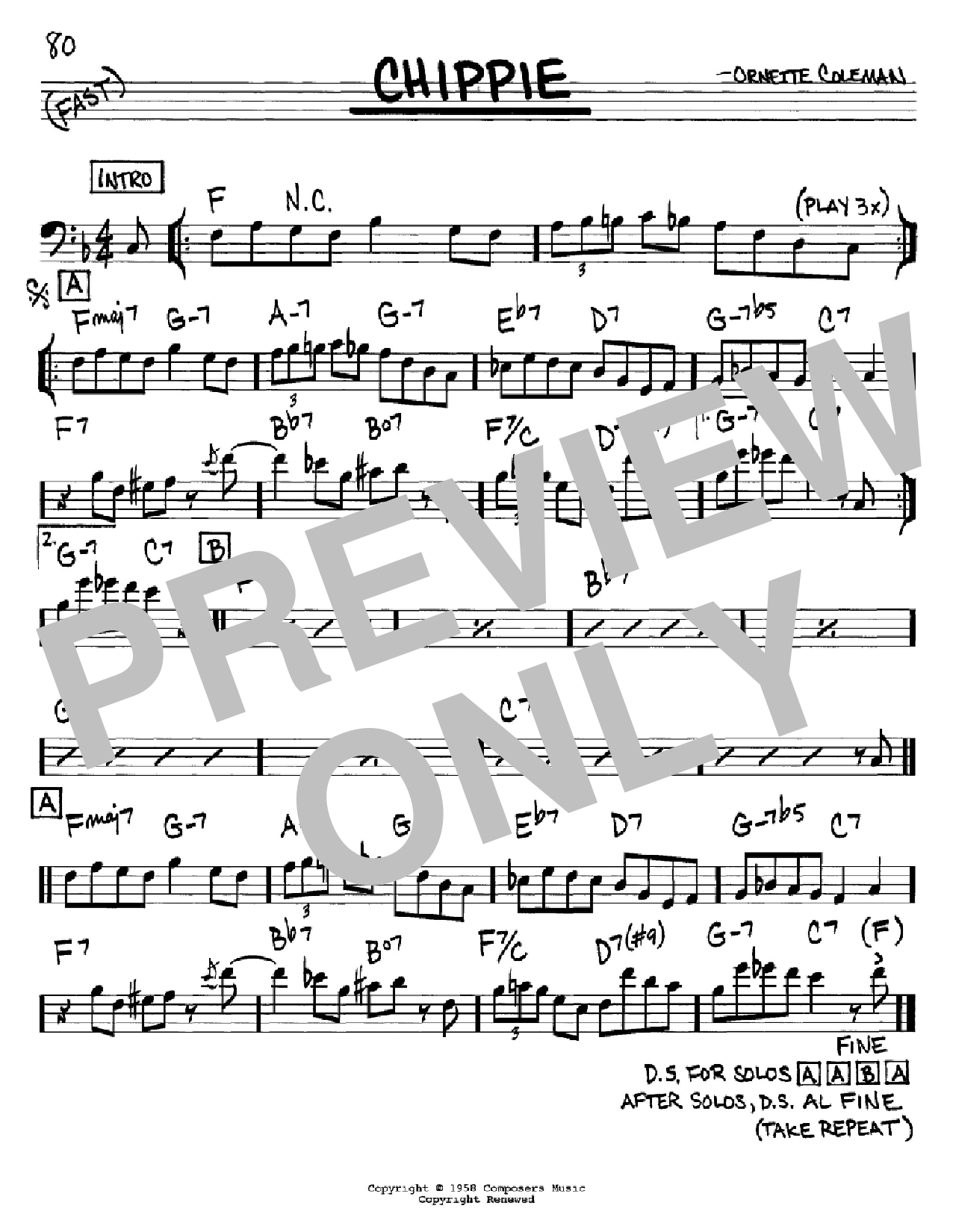 Ornette Coleman Chippie Sheet Music