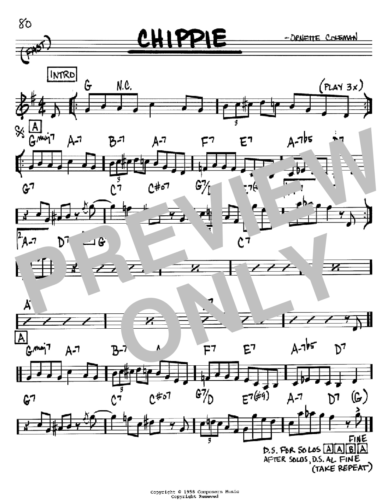 Ornette Coleman Chippie Sheet Music
