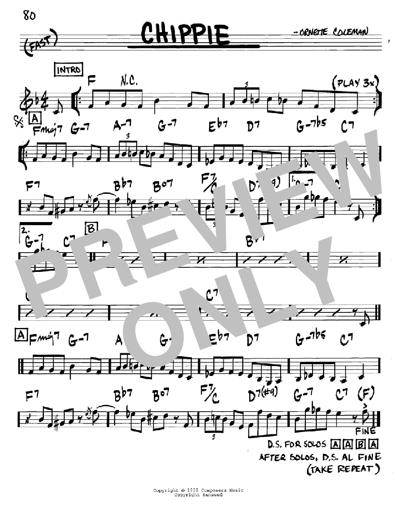 Ornette Coleman Chippie Sheet Music