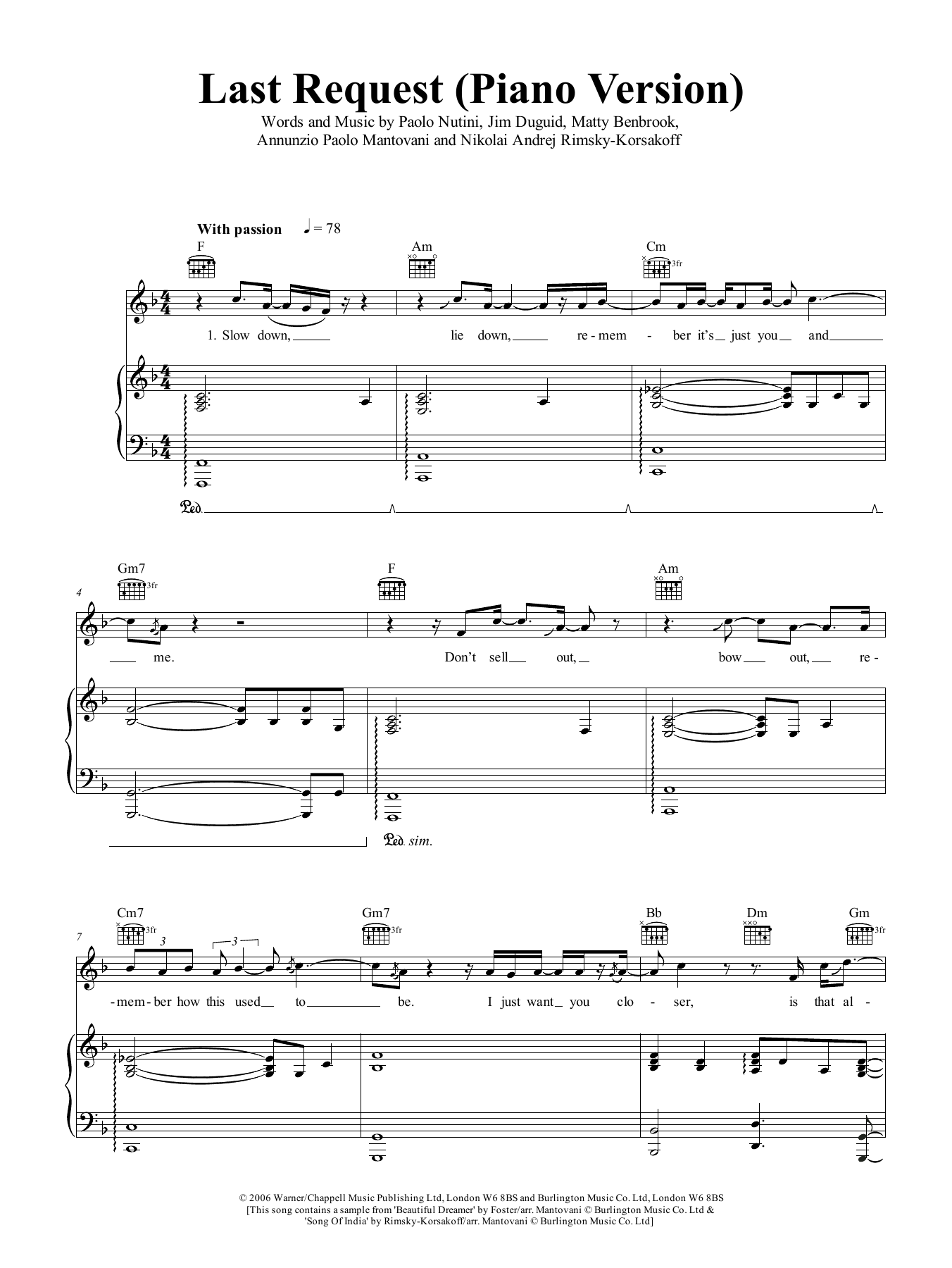 Paolo Nutini Last Request (piano version) Sheet Music