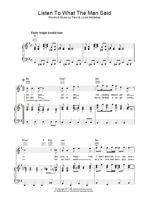 Paul McCartney & Wings Listen To What The Man Said Sheet Music