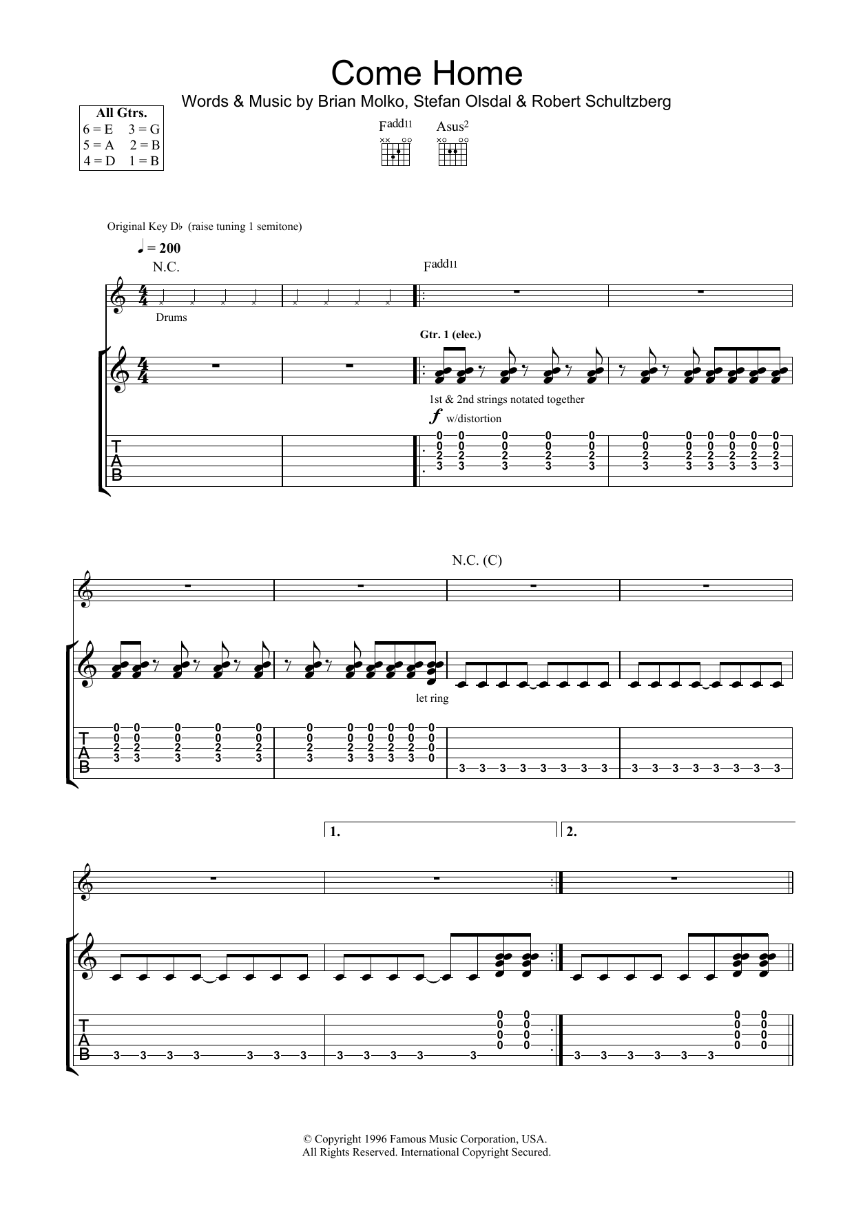 Placebo Come Home Sheet Music