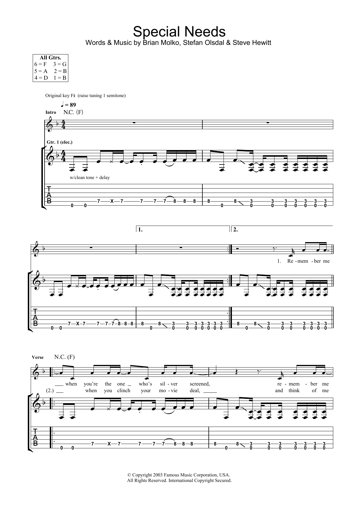 Placebo Special Needs Sheet Music