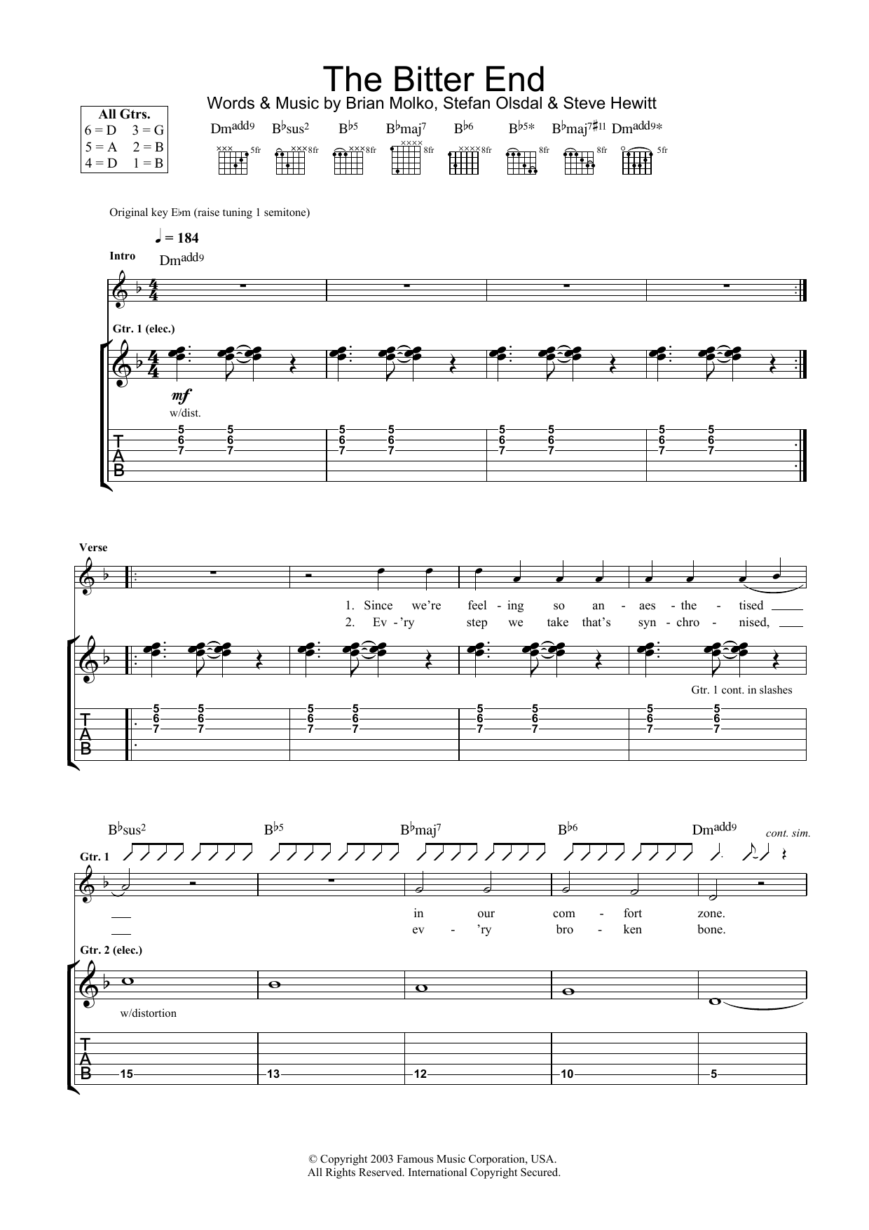 Placebo The Bitter End Sheet Music