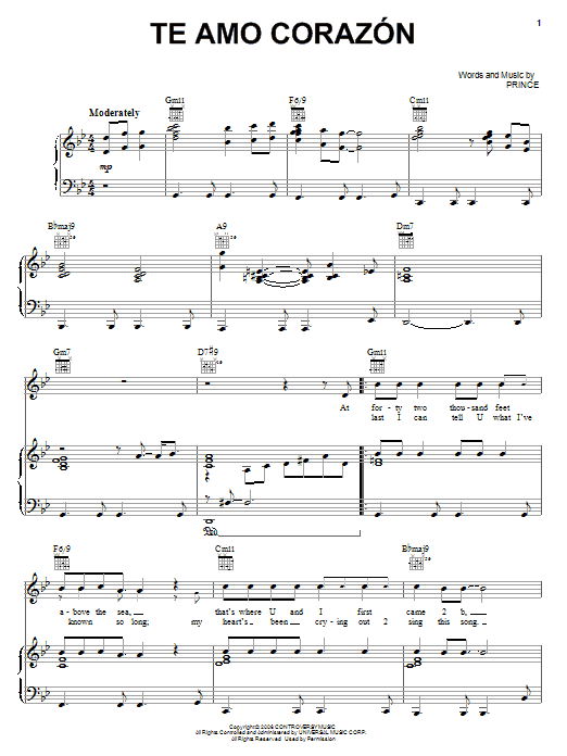 Prince Te Amo Corazon Sheet Music