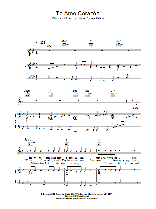 Prince Te Amo Corazon Sheet Music