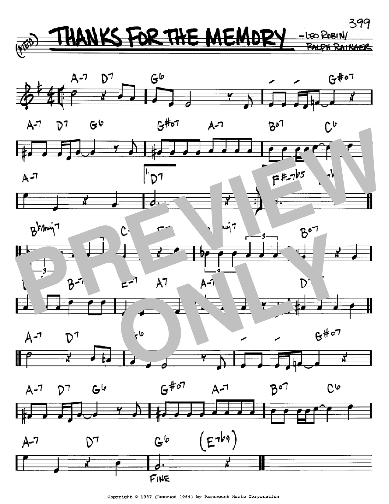 Ralph Rainger Thanks For The Memory Sheet Music