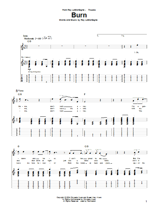 Ray LaMontagne Burn Sheet Music
