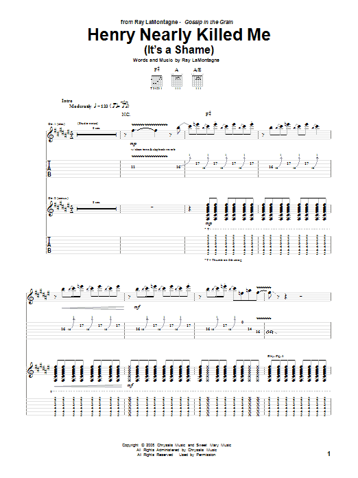 Ray LaMontagne Henry Nearly Killed Me (It's A Shame) Sheet Music