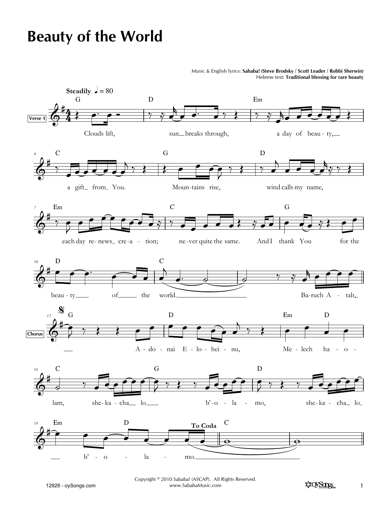 Sababa Beauty of the World Sheet Music