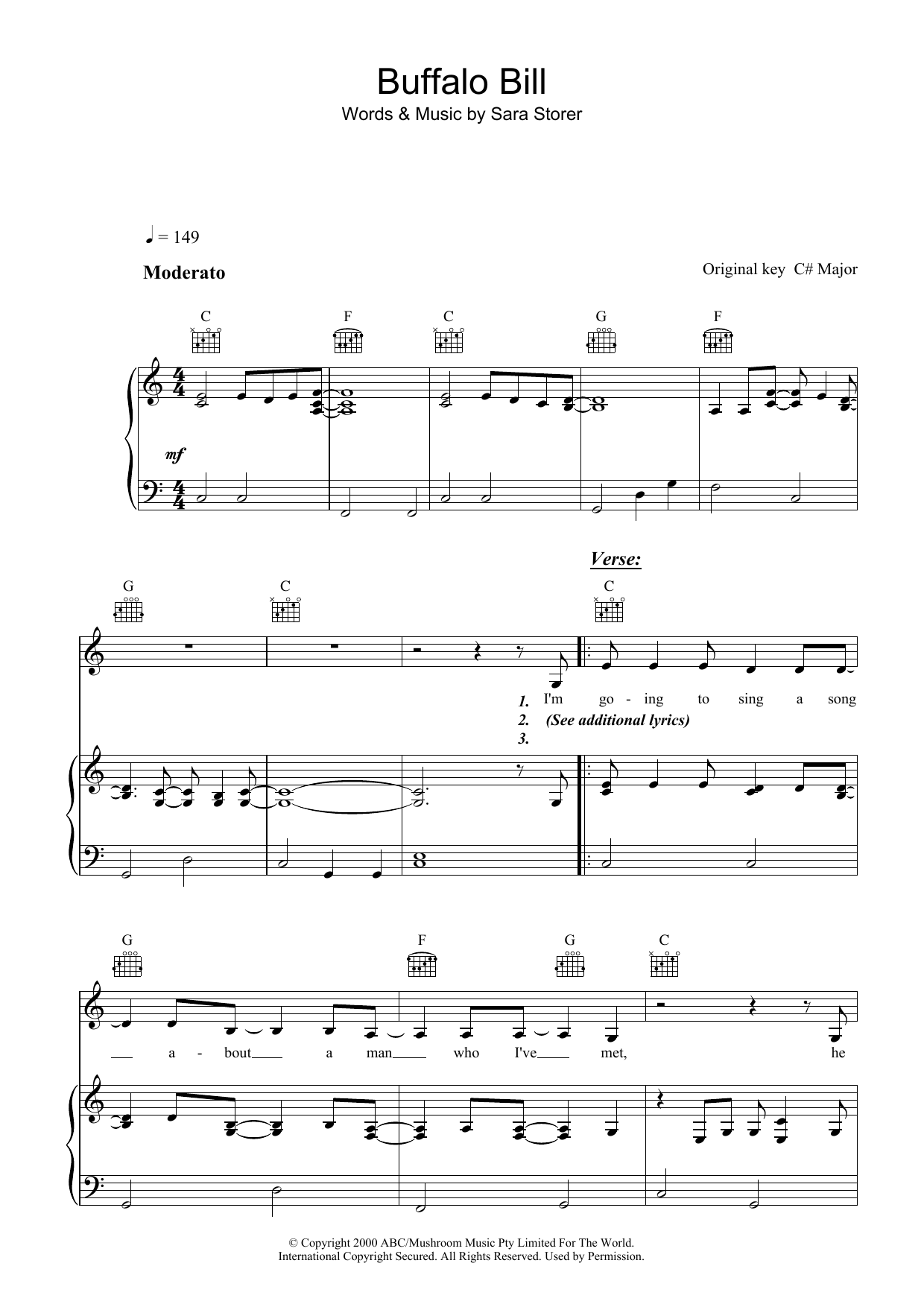 Sara Storer Buffalo Bill Sheet Music