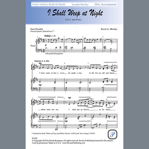 Easily Download Sara Teasdale and Kevin A. Memley Printable PDF piano music notes, guitar tabs for SSA Choir. Transpose or transcribe this score in no time - Learn how to play song progression.