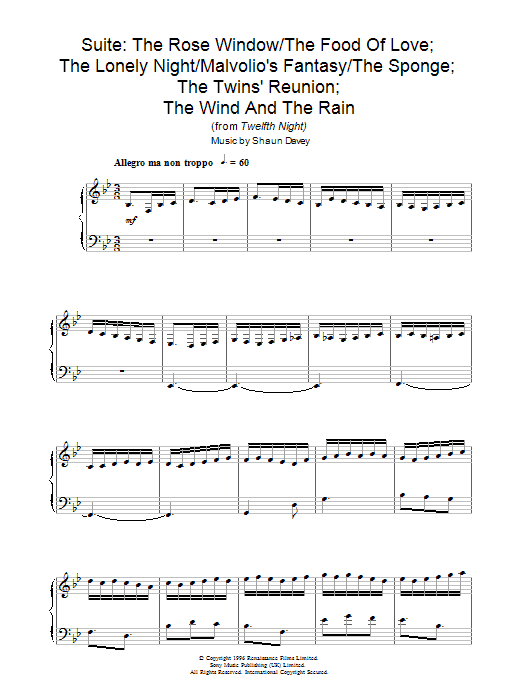 Shaun Davey Rose Window / Food Of Love; Lonely Night / Malvolio's Fantasy / The Sponge; Twin Sheet Music