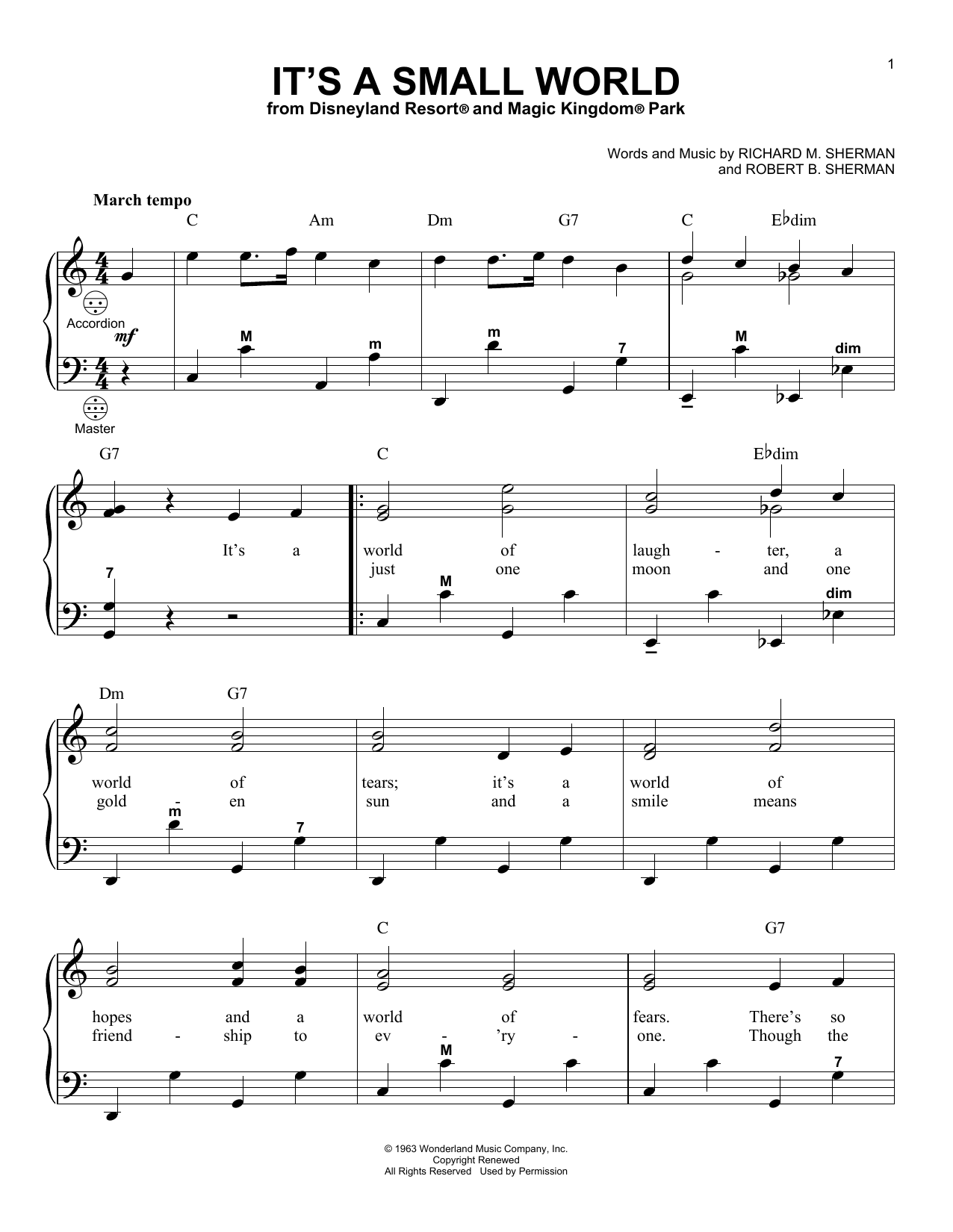 Sherman Brothers It's A Small World Sheet Music