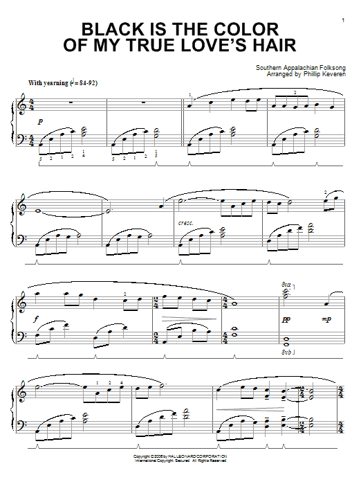 Southern Appalachian Folk Song Black Is the Color Of My True Love's Hair (arr. Phillip Keveren) Sheet Music