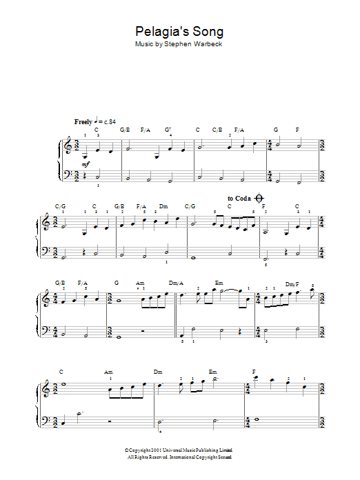 Stephen Warbeck Pelagia's Song (Ricordo Ancor) (from Captain Corelli's Mandolin) Sheet Music