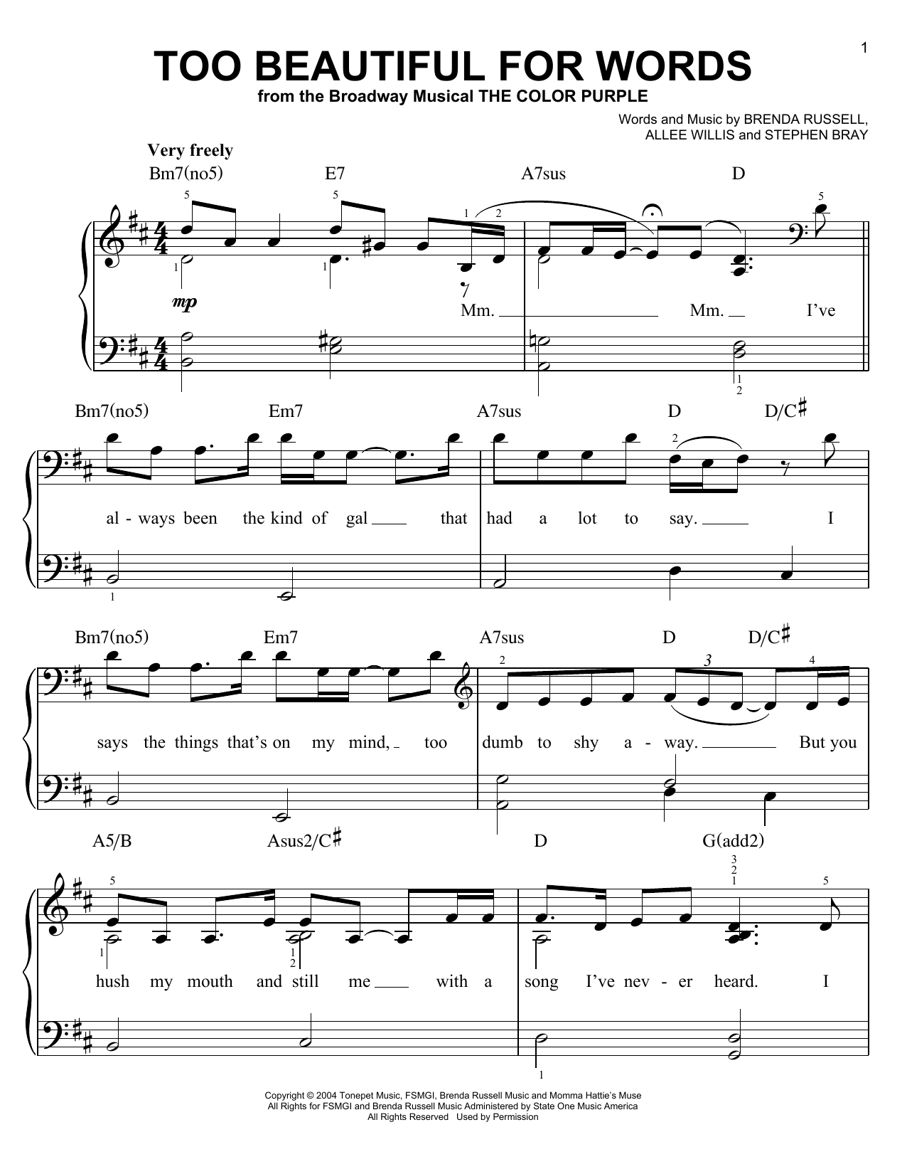 The Color Purple (Musical) Too Beautiful For Words Sheet Music