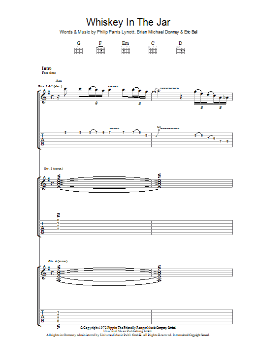 Thin Lizzy Whiskey In The Jar Sheet Music