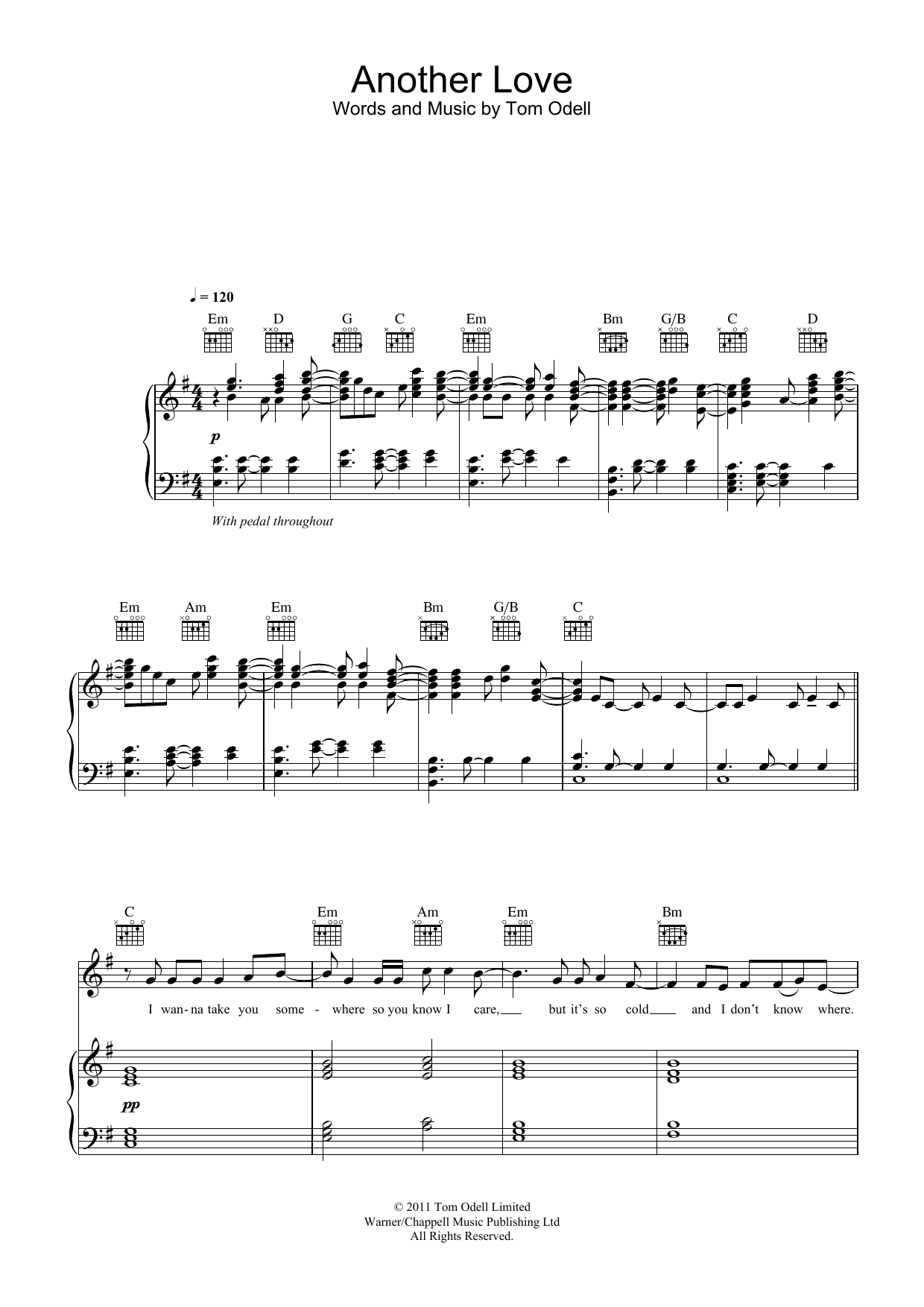 Tom Odell 'Another Love' sheet music, chords, lyrics
