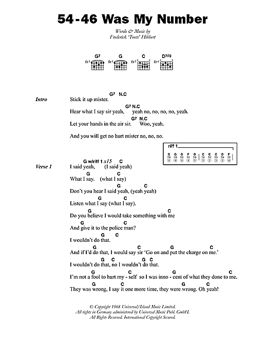 Toots & The Maytals 54-46 Was My Number Sheet Music