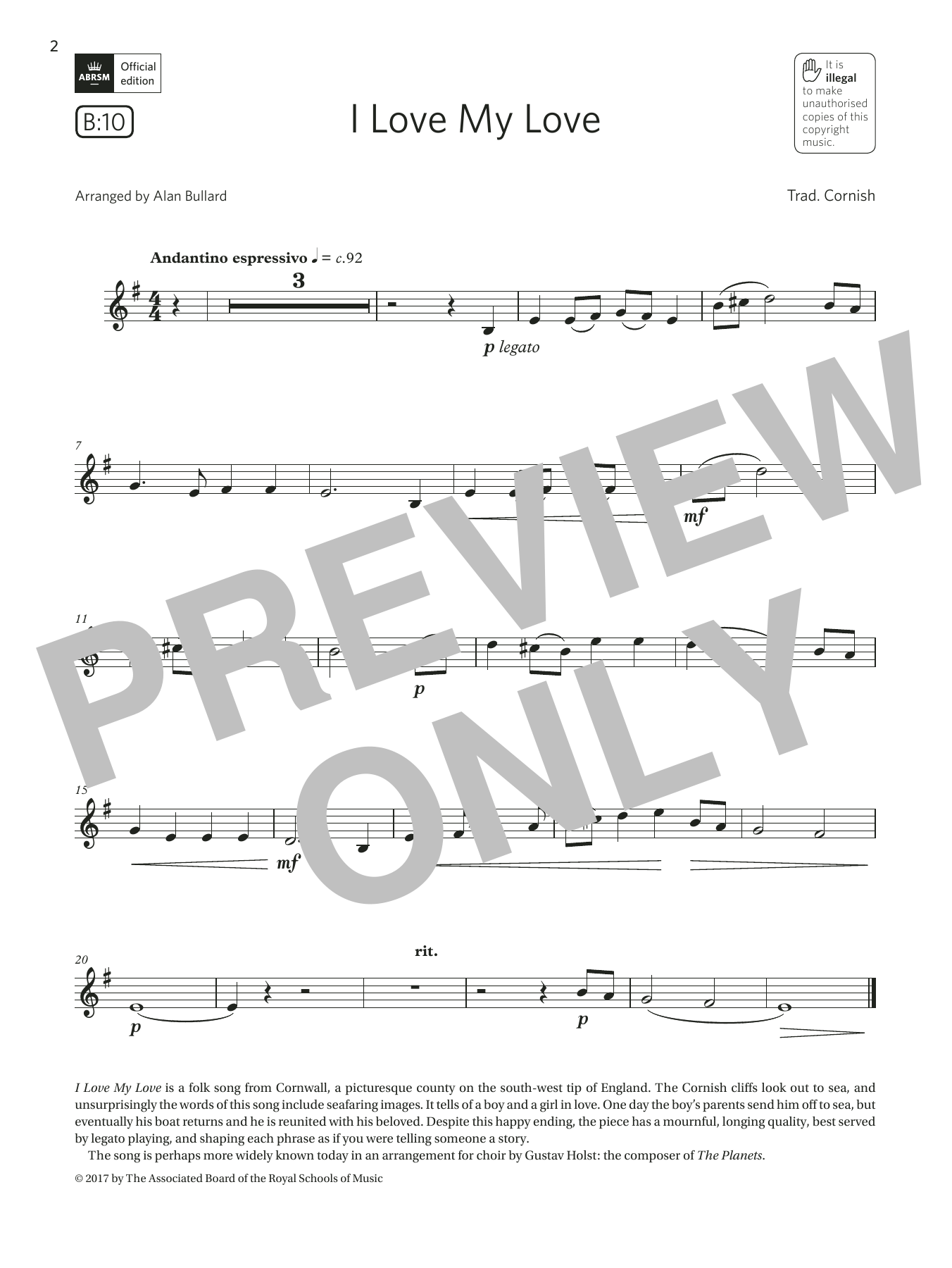 Trad. Cornish I Love My Love (Grade 2 List B10 from the ABRSM Clarinet syllabus from 2022) Sheet Music