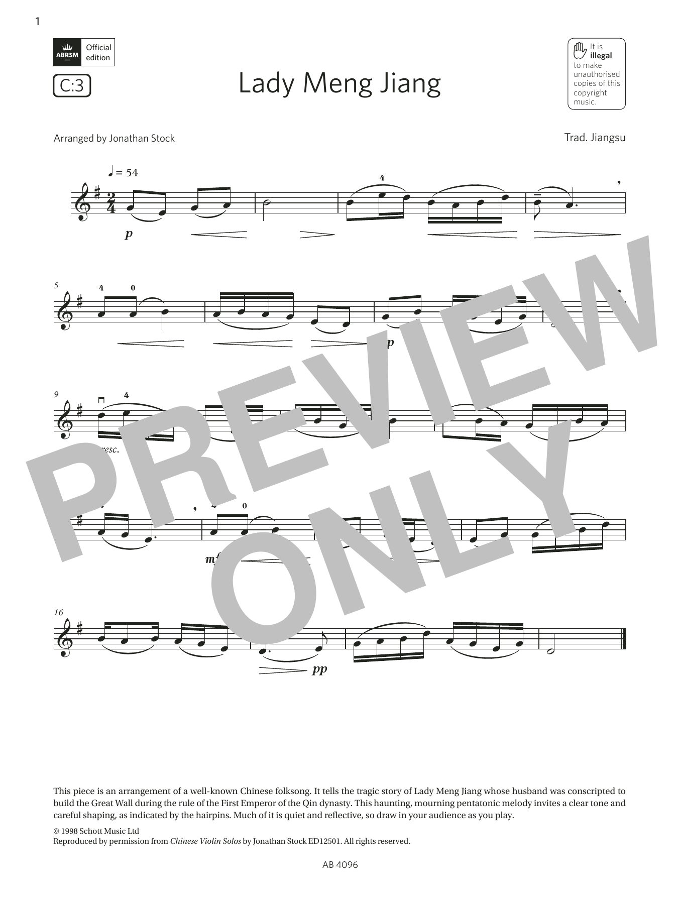 Trad. Jiangsu Lady Meng Jiang (Grade 2, C3, from the ABRSM Violin Syllabus from 2024) Sheet Music