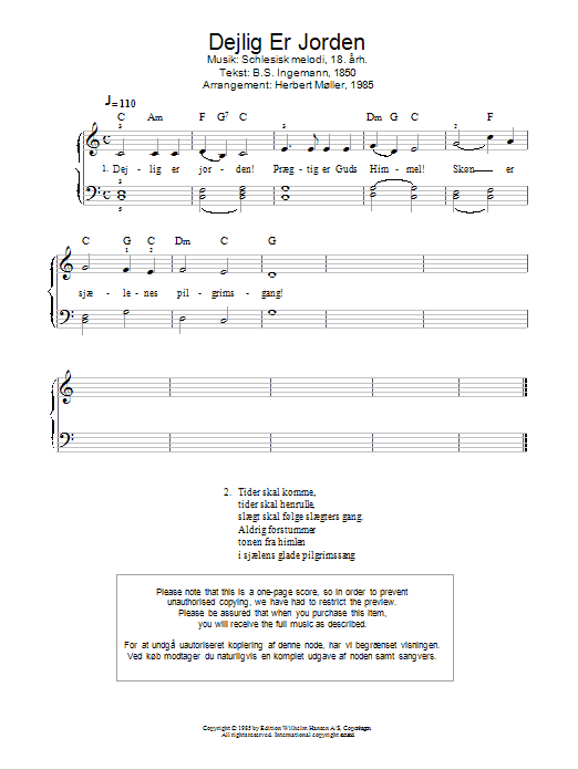 Traditional Dejlig Er Jorden Sheet Music