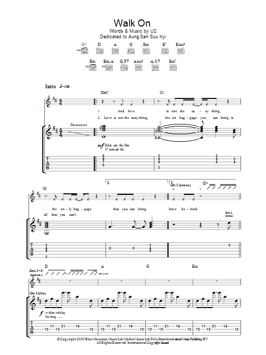 U2 Walk On Sheet Music