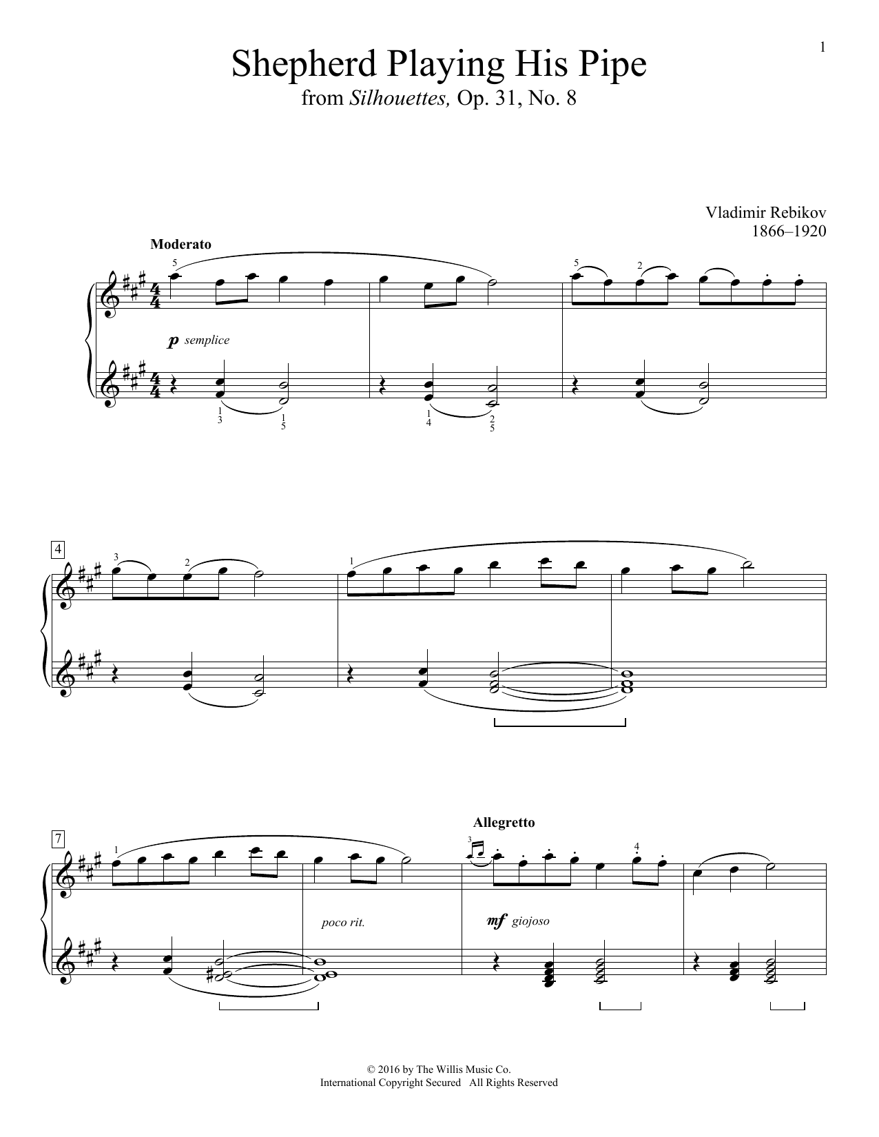 Vladimir Rebikov Shepherd Playing His Pipe Sheet Music