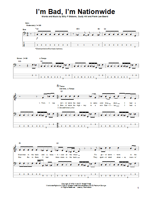 ZZ Top I'm Bad, I'm Nationwide Sheet Music