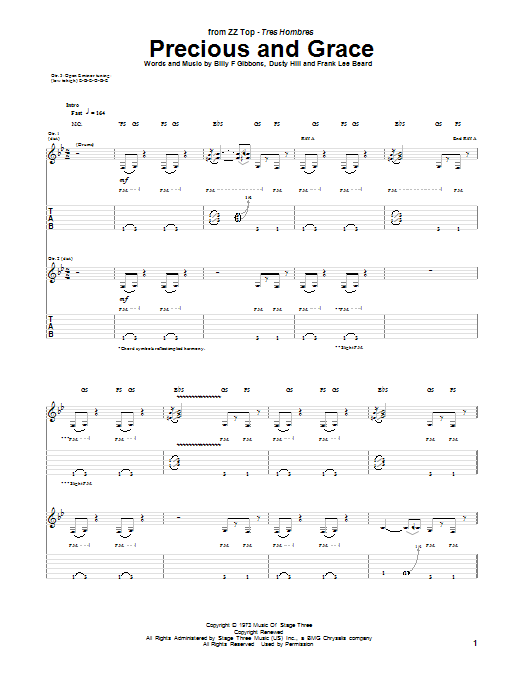 ZZ Top Precious And Grace Sheet Music