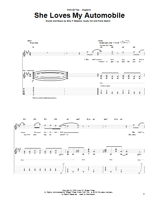 ZZ Top She Loves My Automobile Sheet Music