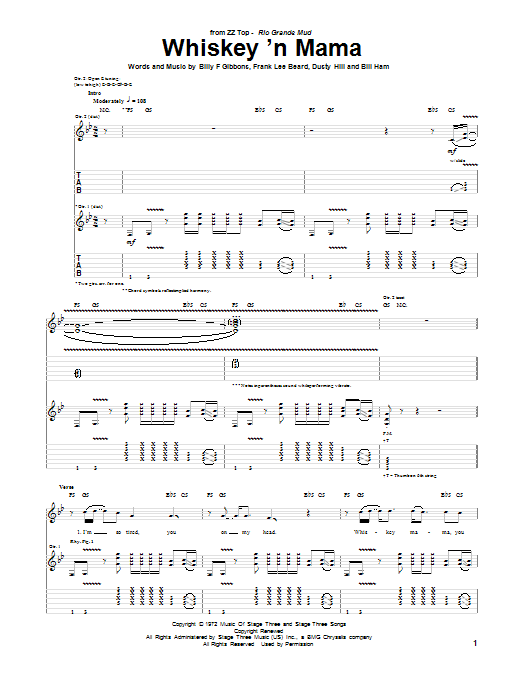 ZZ Top Whiskey 'N Mama Sheet Music